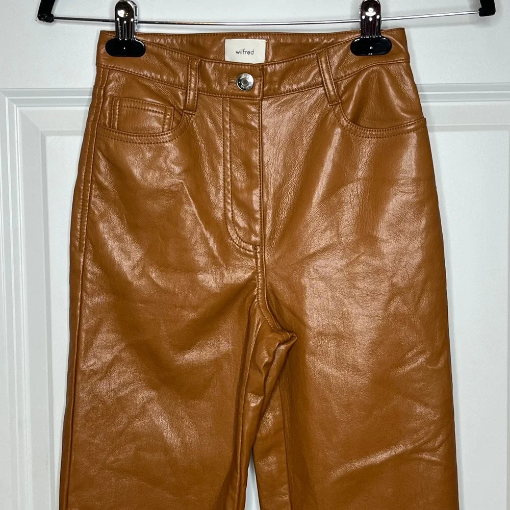 Wilfred Melina Vegan Leather Pants Cognac Brown High Rise Straight Leg Size‎ 00